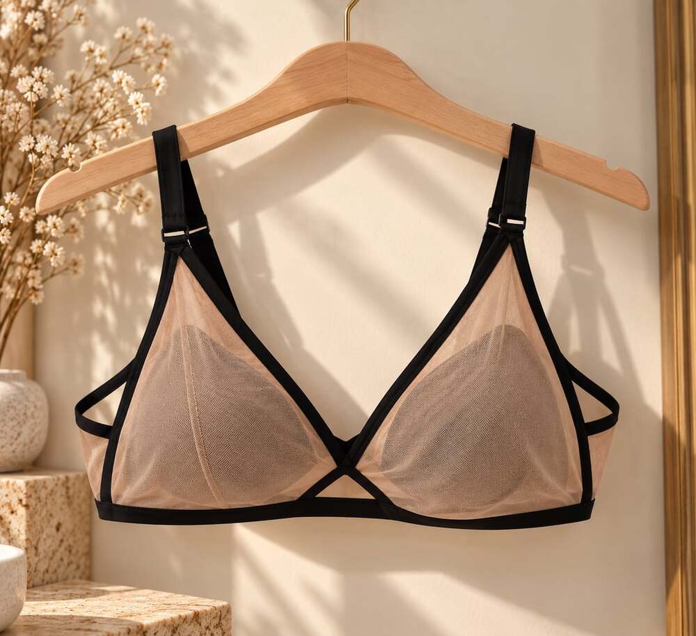 Sheer Mesh Plunge Bras for Women Crossable Straps Wireless